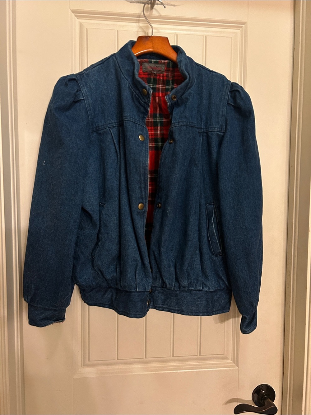 80s vintage Denim Blue Jacket with Red Plaid Lining